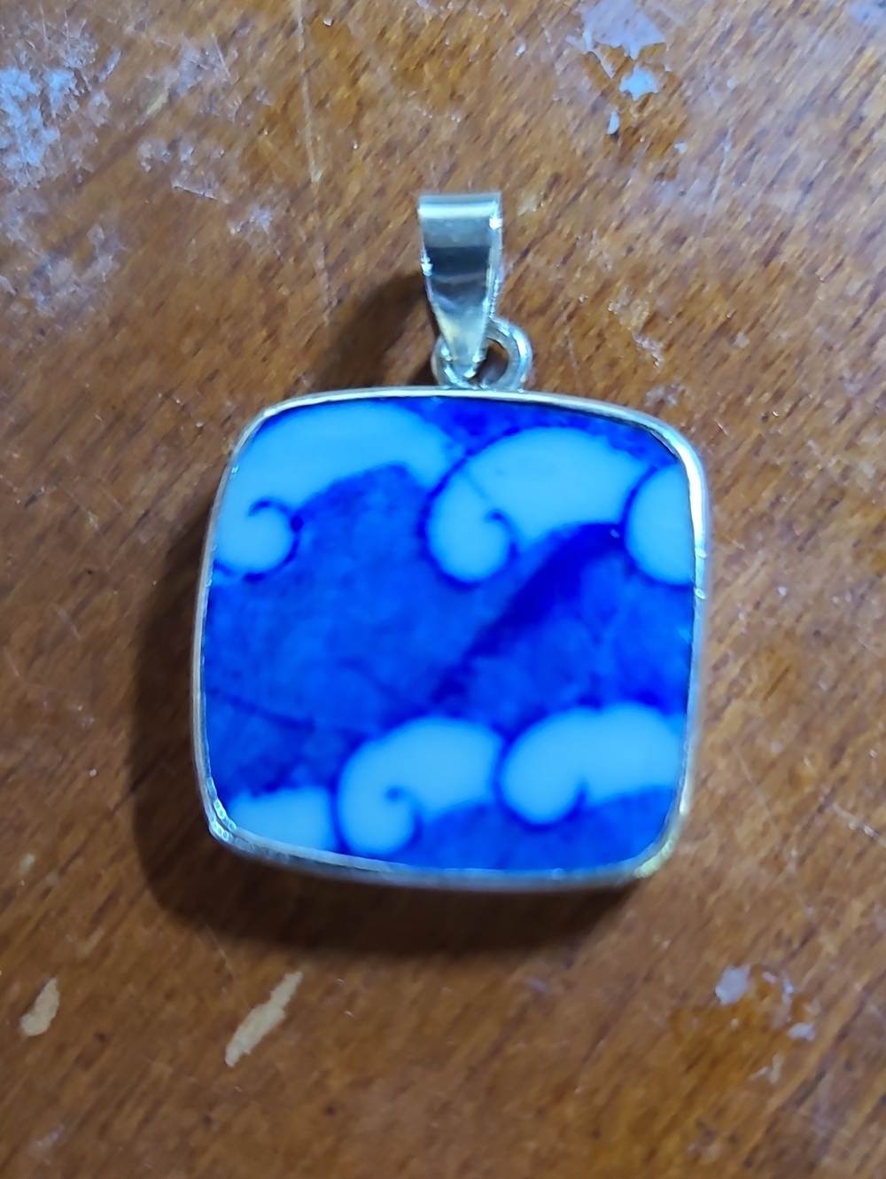 Sterling Silver Blue Wave Ceramic Square Pendant Necklace - Women Jewelry